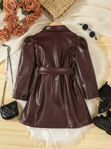 SHEIN Elladie kids 女款純色休閒皮夾克附腰帶，時尚日常穿搭，適合秋季旅行、街頭風、派對、音樂節與校園 - 咖啡棕 - 查看 2