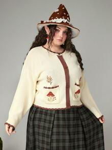 ROMWE Fairycore Plus Size Fariycore Mushroom, Maple Leaf, Plant Embroidery Contrast Color Beige Knit Cardigan, Elegant Mori Style Plus Size Women Sweater Top, Autumn/Winter - Multicolor - View 7