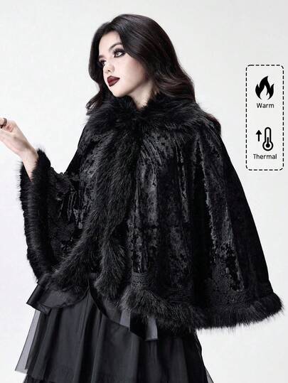 Goth Vintage Palace Patchwork Faux Fur Collar Diamond Velvet Lace Trim Gothic Cloak