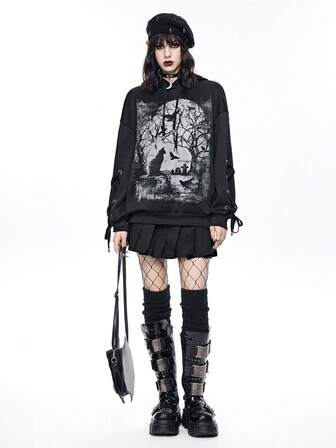 Goth Felpa con cappuccio oversize da donna con stampe gotiche di corvi neri, gatti neri e foresta, foderata termicamente