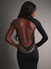 Hauture Đầm dự tiệc cocktail dài đuôi cá hở vai hở lưng có chi tiết xích cho nữ - màu đen - Xem 3