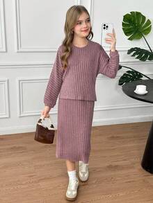 SHEIN SHIEN 女童蝙蝠袖针织罗纹露脐上衣和中长裙两件套，休闲日常穿着，适合秋冬季节和休闲场合 - 粉色 - 查看 5