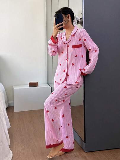 Dream Adore Gestreepte Heart Patchwork Cardigan Collar Pajama Set view 3