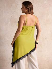 Elegantrix 大码女式都市休闲蕾丝不对称下摆 V 领拼接纯色吊带背心 - 黃色 - 查看 5