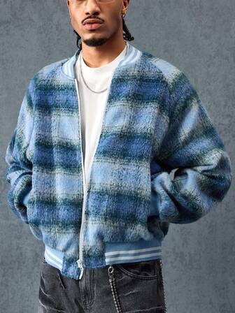 Street Life Chaqueta de béisbol de lana a cuadros de estilo urbano para hombre, para otoño/invierno