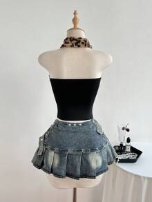 Elamini 性感豹纹毛绒露背吊带皮肩带上衣，秋冬款 - 彩色 - 查看 3