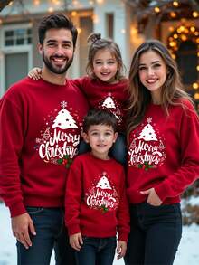 Tween Boy Christmas Tree Pattern Sweatshirt,Red And White,Autumn,Cute,Holiday Classic Christmas Deer Family Matching Loose Fit Crew Neck Long Sleeve - Red - View 5