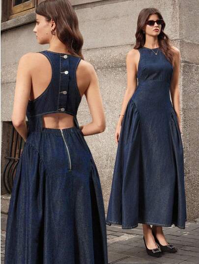 Selenza 女款時尚優雅鏤空百褶泡泡袖水洗休閒牛仔洋裝