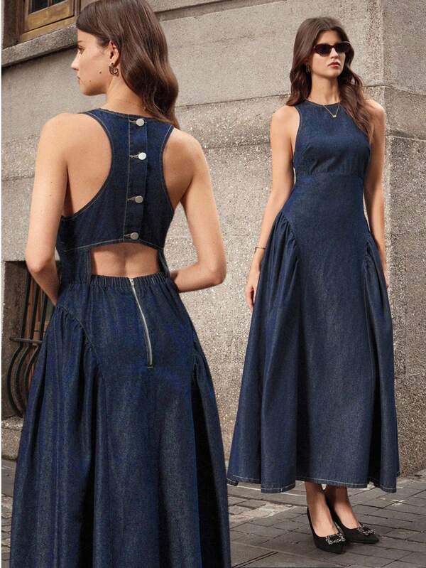 Selenza Women's Fashionable Elegant Hollow Pleated Puff Skirt Washed Casual Denim Dress