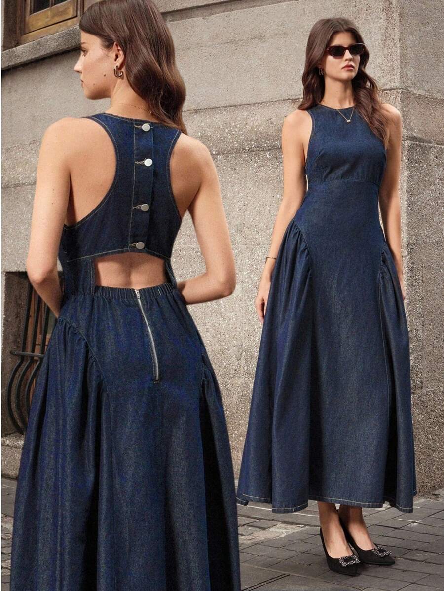 Selenza Women's Fashionable Elegant Hollow Pleated Puff Skirt Washed Casual Denim Dress - Dark Wash - View 1