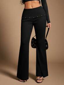 Radiana 女士性感休闲黑色高弹力罗纹针织喇叭裤，低腰可折叠腰带喇叭裤腿，简约休闲百搭下装 - 黑色 - 查看 3