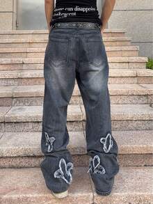 ROMWE MEN Street Life Men's Casual Washed Embroidered Loose Fit Jeans - Grey - View 2