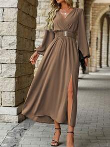 EMERY ROSE Women Solid Color Surplice Neck Lantern Sleeve Elastic Waist High Slit Dress Maxi Women Outfit - Mocha Brown - View 4