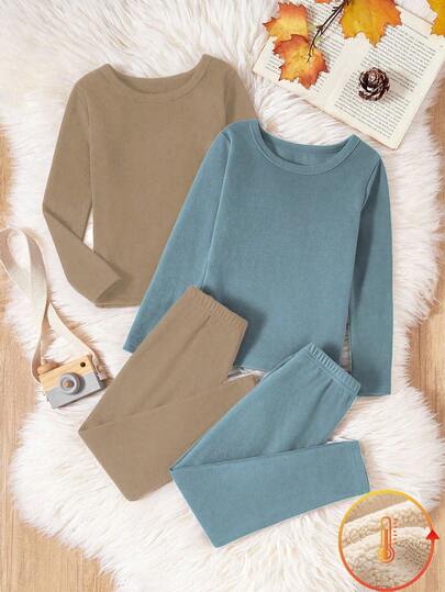 SHEIN Genkimix Kids 男童保暖内衣四件套，黑色和灰色长袖上衣和长裤