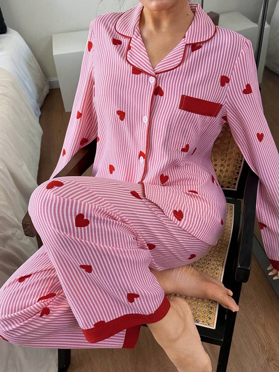 Dream Adore Striped Heart Patchwork Lapel Collar Pajama Set For Women Long Sleeve Heart Pajama Set Two Pieces Sleepwear Set Pajamas Set, Winter Clothes - Red - View 1