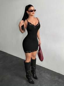 SHEIN SXY Váy bó sát gợi cảm phối ren dành cho nữ - màu đen - Xem 5