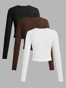 SHEIN EZwear 3件套女士休闲纯色圆领褶皱长袖T恤，秋冬季 - 彩色 - 查看 2