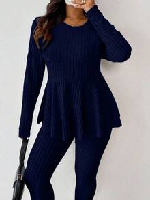 Vionelle Plus Size Solid Color Ruffle Trim Casual Round Neck Long Sleeve Top + Skinny Pants Set Knit Two Piece Set Two Piece Set Women Comfy 2 Piece Lounge Sets Woman Sweater Sets For Women Comfortable Two Piece Set - Navy Blue - View 5