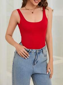 INAWLY Women's Summer Solid Color Slim Fit Spaghetti Strap Casual Bodysuit With Big Backless Design - Red - View 3