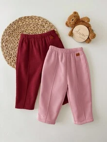 SHEIN 2条装女婴灯芯绒纯色保暖内衬弹力腰裤，适合室内、户外滑雪、日常穿着、运动、玩耍、聚会、摄影、圣诞节及秋冬季其他场合。 - 彩色 - 查看 3