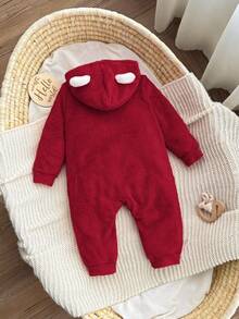 新生女宝宝可爱粉色毛绒卡通图案连帽连体衣，秋冬季 - 紅色 - 查看 2