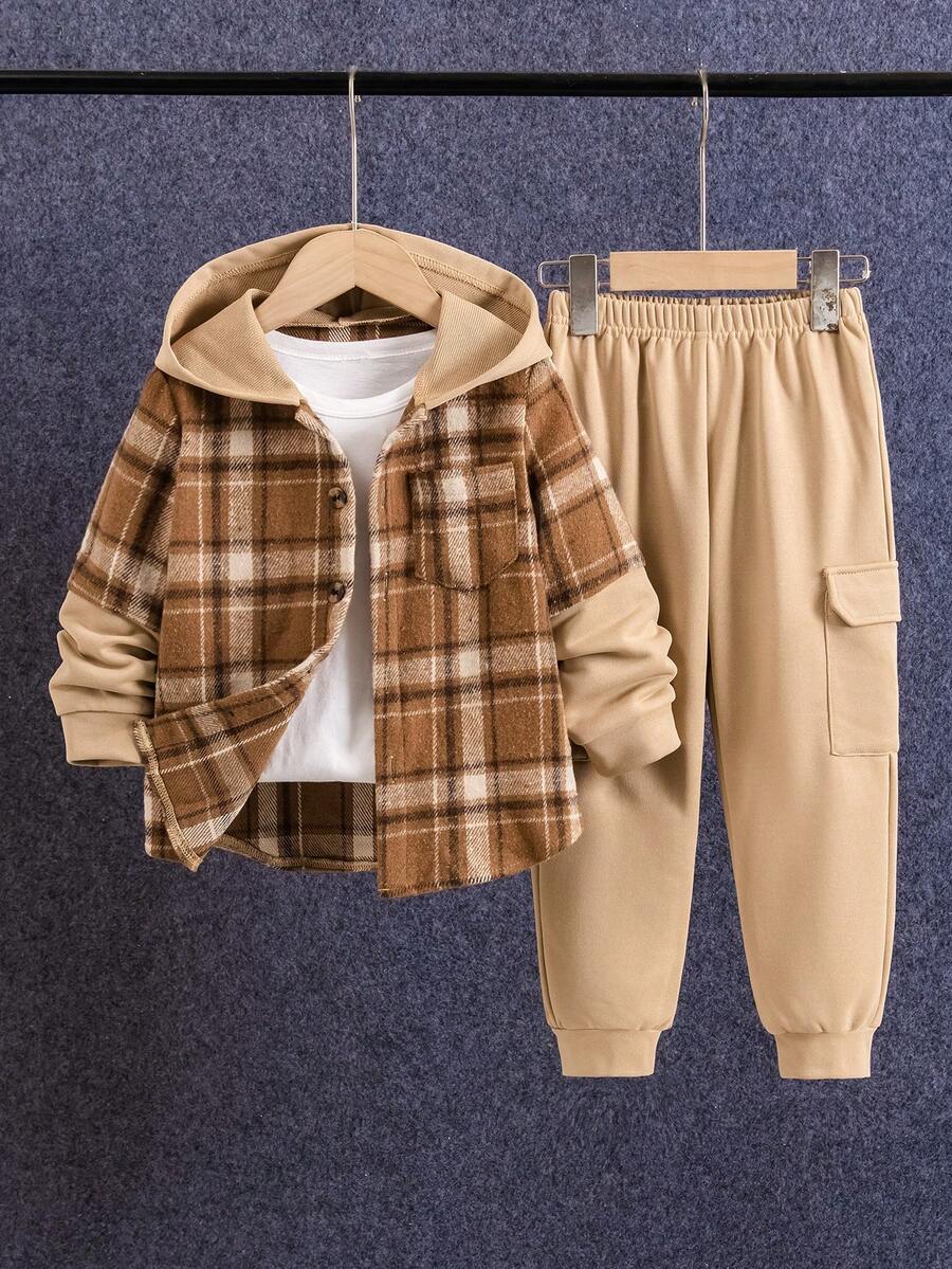 两件套男童休闲格子拼接连帽外套和运动裤套装，适合秋冬季穿着 - 彩色 - 查看 1