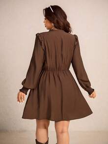 Elaquor Vestido casual de talla grande con cuello con muesca y unicolor retro - Café integral - Ver 2
