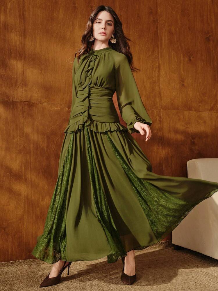 Women's New Pleated Ruffle Chiffon Lace Elegant Business Casual Dress, Suitable For Valentine's Day, Carnival, Wedding Guest, Party, Spring Outfit, Women's Slim Fit Long Casual Vacation Dress