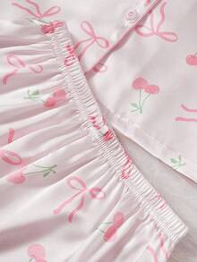 2pcs Tween Girls Cute Bow Print Lapel Cardigan & Casual Pants Set, Comfortable Sleepwear,Summer,Travel - Pink - View 7