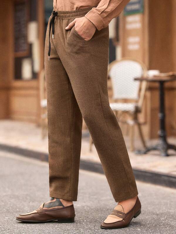 HIMLAND Men's Drawstring Waist Herringbone Pocket Tapered Casual Pants