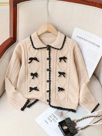 SHEIN Cárdigans para niñas preadolescentes, de punto grueso, en bloques de color rosa y albaricoque, con cuello, decoración de lazo hecho a mano, polar suave y elástico, adecuado para salidas, reuniones, uso casual en casa, primavera, otoño, invierno