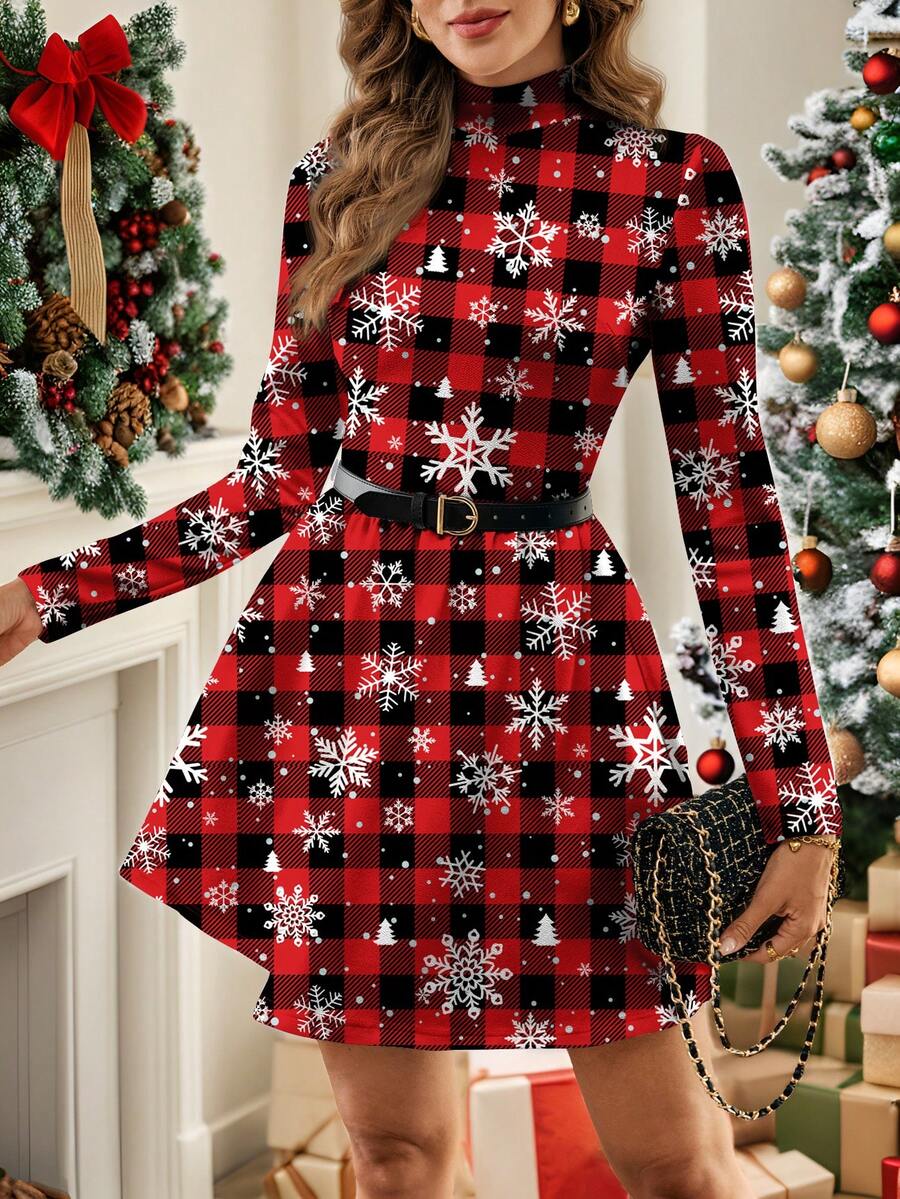 SHEIN LUNE Funnel Neck Plaid Casual Minimalist Christmas Pattern Dress Without Belt For Women, Clothes Suitable For Autumn/Winter - Multicolor - View 1