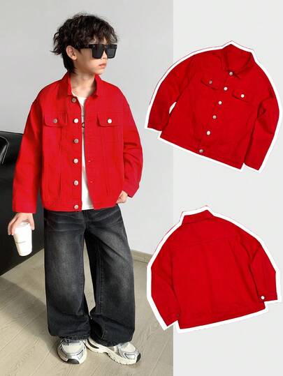 SHEIN Little Byeori Tween Boy Fashion Casual Y2k Vintage Cool Street Returns To School College Basic Simple And Comfortable Red Christmas Element Design Versatile Denim Lapel Long-Sleeved Denim Jacket For Kids Clothes Tween Boy Soft Dailywear And Kids Winter And Fall Rave Outfits Festival And Outfits Streetwear Clothes