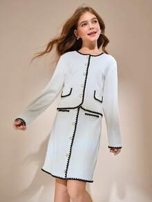 SHEIN Tween Girl Contrast Trim Round Neck Drop Shoulder Long Sleeve Button Front Casual Top & Skirt Set - White - View 6