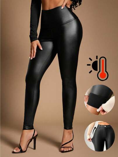 Radiana Women's Casual Black Thermal-Lined PU Leggings