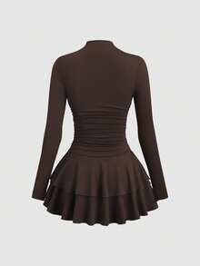 SHEIN PETITE Vestido vintage de manga larga, cuello alto y cintura fruncida en color rojo para mujer, otoño/invierno - Café - Ver 2