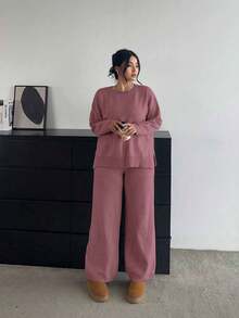 Flirla 柔软舒适修身百搭休闲阔腿裤和长袖针织衫套装 - 粉色 - 查看 5