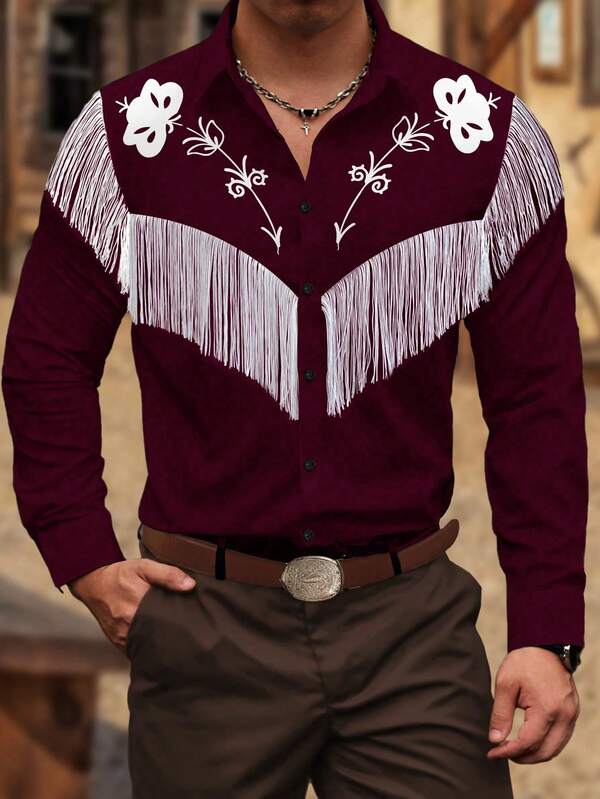 Manfinity Nomadique Men's Floral Print Patchwork Fringe Long Sleeve Single-Breasted Fashion Shirt