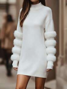 EMERY ROSE Váy len dệt kim màu trắng cổ đứng trơn đơn giản cho nữ, không kèm thắt lưng - trắng - Xem 1