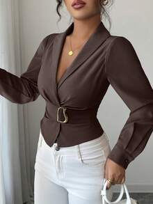 Elenzga Blusa ajustada con decoración metálica de unicolor, adecuada para ir al trabajo - Café integral - Ver 5