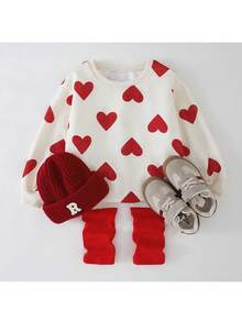 THE HAPPY LOOK 2pcs/Set Young Girl Heart Pattern Knit Soft Crew Neck Long Sleeve Pullover Sweatshirt And Elastic Waist Long Pants - Apricot - View 7