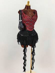 Y2K Amplova Plus Size Women Plaid Sleeveless Casual Blouse/Christmas Criss Cross Top Red Checkered Top Red Plaid Top Plaid Two Piece Set Scarf Top