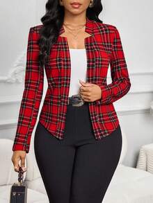 SHEIN Lady Elegant Plaid Cinched Waist Blazer,Fall,Fall Clothes For Women - Red - View 5