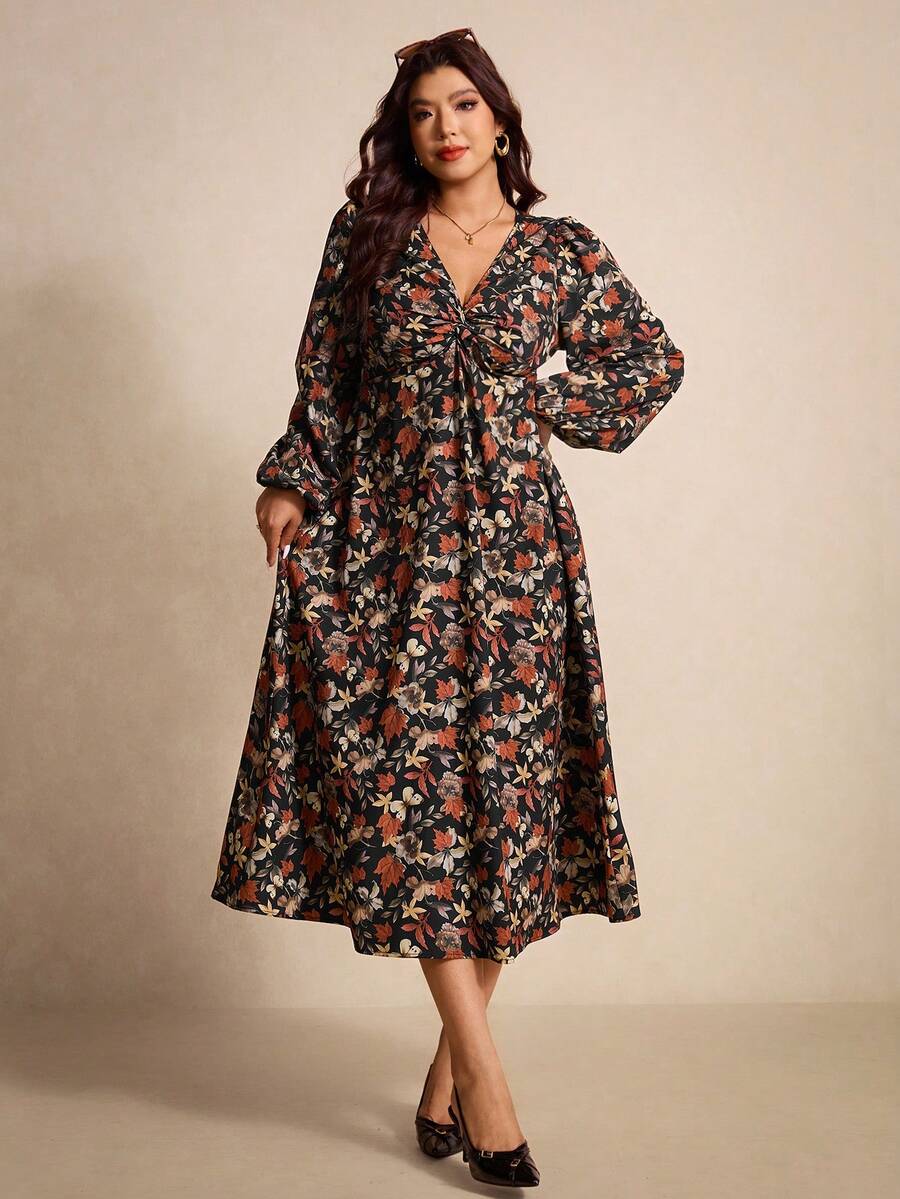 Elaquor Plus Size Elegant Party Floral Print Lantern Sleeve Dress Fall Dresses For Women Floral Midi Dress Midi Dress With Sleeves Plus Size Boho Dress, Fall/Winter Dresses Flower