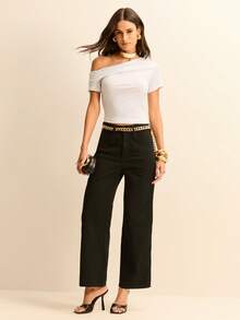 Daynim Asymmetrical Neck Solid Top - White - View 7