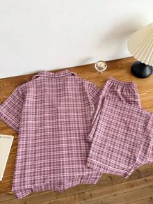 SHEIN Bộ đồ ngủ tay ngắn ve áo họa tiết kẻ caro - Bụi hồng - Xem 2