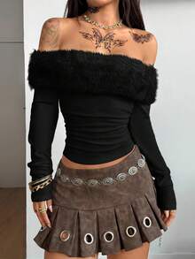 Coolane 女士冬季街头服饰外出嬉皮 Y2K 辣妹温暖/寒冷天气/保暖罗纹针织毛皮露肩白色长袖 T 恤 - 黑色 - 查看 5