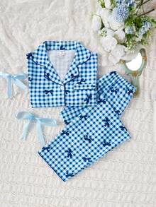 Genkimix Kids 女学生睡衣套装，可爱蝴蝶格子印花长裤和开衫，长袖休闲两件套家居服，适合青少年女孩 - 彩色 - 查看 6