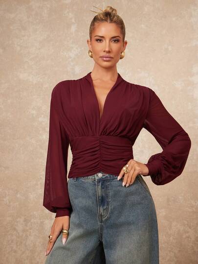 Lumalex VITNOS Women's Burgundy Deep V-Neck Long-Sleeve Mesh Ruched-Waist Slim-Fit Short Sexy Top, Utilitarian Chic, Fall, Fall Winter New Style, Casual For Fall Winter, Chic Autumn, Party Looks, Luxury, Fall Winter, New Year's, Earthy, Elegant, French Elegance, Cozy Tops, Weekend, Autumn Work Style, Fashionable This Autumn, Suitable For Dates, Going Out, Night Out, Weddings, Holiday, Vacation, Birthday, Work And Commute