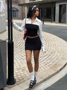 SHEIN EZwear Women's Contrast Color Long Sleeve Cropped Top And Bodycon Mini Skirt Casual Suit,Preppy Outfits - Black and White - View 5